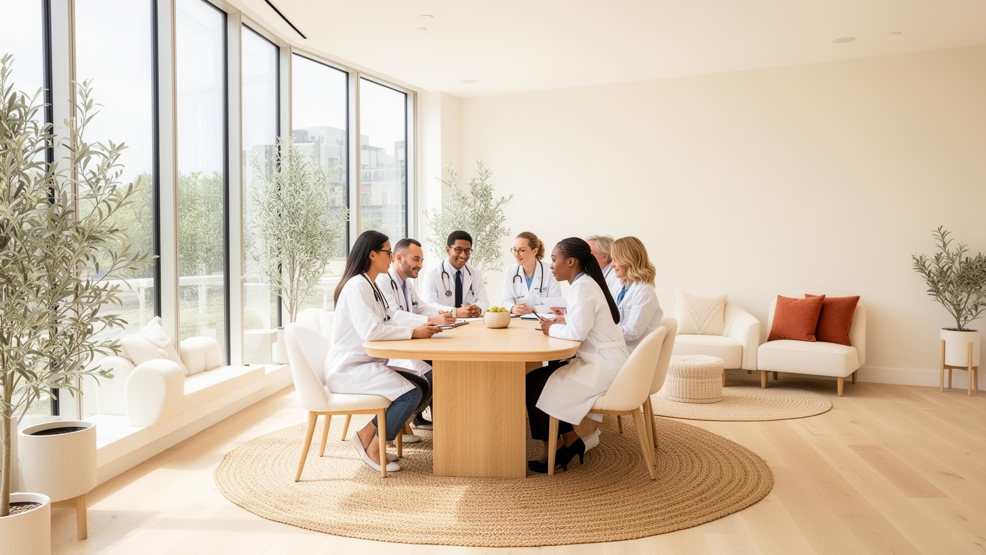 A diverse team of physicians and clinical staff collaborating in a sunlit modern medical practice